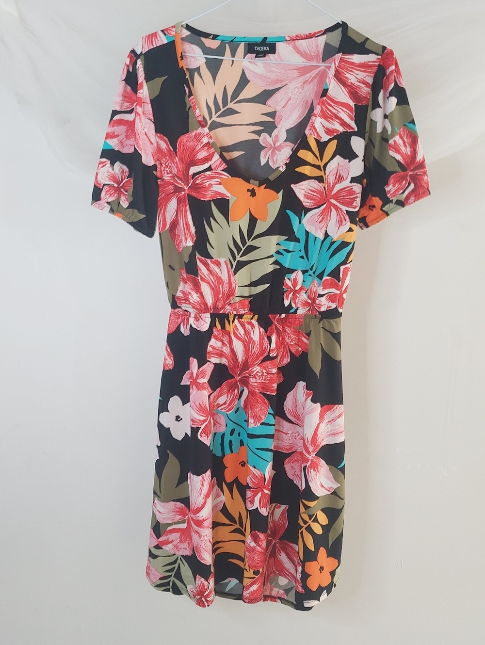 TACERA Tropical Floral V-Neck Short Sleeve Mini Dress Open Lower-Back Size Small